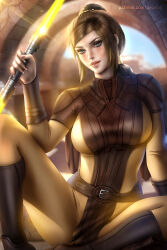  1girl artist_name ayya_sap bastila_shan blue_eyes bodysuit boots brown_bodysuit brown_boots brown_hair double_bladed_lightsaber energy_sword holding holding_sword holding_weapon lightsaber patreon_username solo star_wars star_wars:_knights_of_the_old_republic sword weapon web_address yellow_lightsaber 