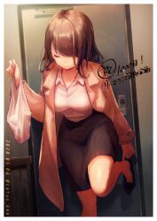 1girl apartment asymmetrical_bangs bag black_hair black_shoes black_skirt brown_coat cetus_kkk closed_eyes closed_mouth coat commentary_request dated door grocery_bag hair_over_one_eye holding holding_bag indoors little_mermaid_(sinoalice) looking_down office_lady pencil_skirt removing_shoes shirt shoes shopping_bag sidelocks sinoalice skirt smile solo white_shirt