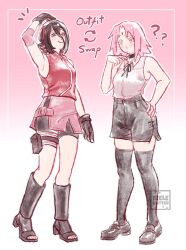  2girls ? ?? alternate_costume bike_shorts black_choker black_hair black_ribbon black_shorts black_thighhighs chainsaw_man choker collar cosplay costume_switch facial_mark forehead_mark gloves gradient_background green_eyes grenade_pin hair_between_eyes hand_on_own_hip haruno_sakura headband highres ireleglitter multiple_girls naruto_(series) neck_ribbon pouch red_shirt reze_(chainsaw_man) ribbon shirt short_hair shorts simple_background skindentation sleeveless smile thigh-highs thigh_pouch white_shirt 