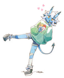  1girl ankle_socks bandaid bandaid_on_leg blue_horns blue_oni blue_skin colored_skin commentary_request cup earrings eating food full_body green_sweater hair_between_horns heart highres holding holding_cup holding_spoon horns ice_cream jewelry leaning_to_the_side looking_at_viewer multicolored_horns oni pointy_ears shirt shoes short_hair shorts simple_background smile socks solo soukaku_(zenless_zone_zero) spoon standing standing_on_one_leg star-shaped_pupils star_(symbol) sundae sweater symbol-shaped_pupils tail two-tone_horns two-tone_tail utensil_in_mouth white_background white_hair white_socks yellow_eyes zenless_zone_zero ziro_(daydozen) 