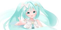  1girl absurdres aqua_eyes aqua_hair aqua_nails aqua_shirt baegwol_1128 blush bow commentary detached_sleeves dress hair_between_eyes hair_bow hair_ornament hatsune_miku highres hiramado_miku kowareta_sekai_to_utaenai_miku long_hair long_sleeves looking_at_viewer official_alternate_costume official_alternate_hairstyle open_mouth project_sekai reaching reaching_towards_viewer shirt skirt sleeveless sleeveless_dress smile solo spoilers twintails upper_body very_long_hair vocaloid white_bow x_hair_ornament 