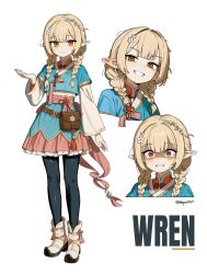  1girl absurdres belt_bag black_pantyhose blonde_hair blue_shirt blunt_bangs boots braid closed_mouth commentary cropped_torso double-parted_bangs elf english_commentary frilled_skirt frills full_body grin hair_intakes hepari highres layered_sleeves long_hair long_sleeves looking_at_viewer mandarin_collar multiple_views original pantyhose parted_lips pink_skirt pleated_skirt pointy_ears shirt short_over_long_sleeves short_sleeves sidelocks simple_background skirt smile standing twin_braids twitter_username white_background white_boots 