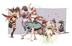  3boys 4girls animal_ear_hood animal_ears anklet armlet armor armpit_cutout arms_up asymmetrical_legwear bandeau belt black_bandeau black_belt black_bodysuit black_boots black_bow black_bridal_gauntlets black_gloves black_hair black_hood black_horns black_pants black_sandals black_shorts black_sleeves blonde_hair bloomers blue_bow blue_cape blue_eyes blue_gem blue_hat blue_jingasa blue_kimono blue_robe blue_skirt blunt_bangs blunt_ends blush bodysuit boots border bow bracelet braid bridal_gauntlets brown_hair brown_sandals cape cat_ear-shaped_hair closed_eyes closed_mouth clothing_cutout commentary crop_top crossed_bangs cyno_(genshin_impact) dancing dark-skinned_male dark_skin dehya_(genshin_impact) detached_sleeves dress dunyarzad_(genshin_impact) earrings embarrassed eyelashes facing_another facing_down fake_animal_ears fake_horns feathers fingernails fox_ears fringe_trim full_body gauntlets gem genshin_impact gladiator_sandals gloves gold gold_anklet gold_armlet gold_bracelet gold_earrings gold_sandals gold_thighlet gold_tiara gold_trim green_hair green_sleeves green_trim grey_background hair_between_eyes hair_bun hair_ornament half_up_half_down_braid hand_up hands_up harem_outfit hat heart heart_hair_ornament height_difference high_heel_boots high_heels highres holding holding_hands holding_instrument holding_maracas hood hoodie horns imitating indian_style instrument instrument_request interlocked_fingers iranian_clothes jackal_ears japanese_clothes jewelry jingasa juban kimono leaf leaf_hair_ornament leg_warmers long_hair long_sleeves looking_at_another low_twintails mandarin_collar maracas middle_ring multicolored_hair multiple_boys multiple_girls musical_note nahida_(genshin_impact) navel nilou_(genshin_impact) open_clothes open_hands open_kimono orange_eyes pants parted_lips pauldrons playing_instrument pointy_ears pom_pom_(clothes) popiahpot purple_robe purple_rope purple_sash purple_sleeves red_bandeau red_cape red_hair robe rope sandals sash scaramouche_(genshin_impact) short_dress short_sleeves shorts shoulder_armor shoulder_peek side_cape side_ponytail sidelocks sideways_glance single_gauntlet single_hair_bun single_pauldron sitting skirt smile socks stirrup_footwear streaked_hair tassel thighlet tighnari_(genshin_impact) toes torn_clothes torn_pants twintails two-tone_bandeau uneven_legwear untranslatable_commentary veil vision_(genshin_impact) wanderer_(genshin_impact) wavy_mouth white_bloomers white_border white_dress white_hair white_hoodie white_kimono white_leg_warmers white_sleeves white_socks white_veil wide_sleeves yellow_feathers zouri 