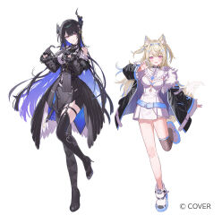  2girls animal_collar animal_ears argyle_clothes argyle_pantyhose asymmetrical_horns bandaid bandaid_hair_ornament belt bib_collar black_collar black_gloves black_hair black_jacket black_shoes black_skirt black_thighhighs black_vest black_wings blonde_hair blue_belt blue_hair blue_hairband blue_streaks breasts center_frills clothing_cutout collar collared_shirt colored_inner_hair colored_shoe_soles commentary_request copyright_notice crossed_bangs cutout_above_navel detached_collar dog_ears dog_girl dog_tail double-parted_bangs dress dress_shirt fake_horns feather-trimmed_sleeves feathered_wings fishnet_thighhighs fishnets flower flower_knot frilled_shirt_collar frilled_sleeves frills full_body fur-trimmed_jacket fur_trim fuwawa_abyssgard fuwawa_abyssgard_(1st_costume) gloves hair_between_eyes hair_ornament hairband hairclip high_heels hololive hololive_english horn_flower horn_hairband horns jacket large_breasts long_hair long_sleeves looking_at_viewer low_wings miniskirt mole mole_under_eye multicolored_hair multiple_girls nana_tetra nerissa_ravencroft nerissa_ravencroft_(1st_costume) official_art over-kneehighs parallel_hairclips pencil_skirt pink_eyes ribbed_shirt shirt shoes short_dress shoulder_cutout side_slit simple_background single_leg_pantyhose single_over-kneehigh single_thighhigh skirt slit_pupils sneakers spiked_collar spikes streaked_hair tail tassel tassel_hair_ornament thigh-highs two_side_up underbust uneven_horns very_long_hair vest violet_eyes virtual_youtuber white_background white_dress white_shirt white_shoes wings 