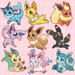  absurdres black_eyes blue_eyes blush brown_eyes colored_sclera eevee english_commentary espeon fang flareon glaceon highres inkie-heart jolteon leafeon no_humans open_mouth pink_background pokemon pokemon_(creature) pokemon_focus red_sclera sitting smile sylveon umbreon vaporeon violet_eyes 