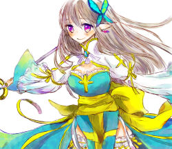  1girl arch_bishop_(ragnarok_online) back_bow blue_dress blush bow breasts brown_hair butterfly_hair_ornament cleavage_cutout closed_mouth clothing_cutout commentary_request cowboy_shot cross dormir_(challco) dress frilled_thighhighs frills hair_ornament holding holding_staff juliet_sleeves long_hair long_sleeves looking_at_viewer medium_breasts pointy_ears puffy_sleeves ragnarok_online sash simple_background smile solo staff thigh-highs two-tone_dress violet_eyes white_background white_dress white_thighhighs yellow_bow yellow_sash 