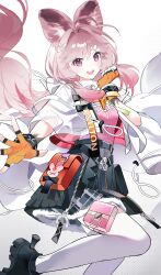  1girl :d absurdres ahoge animal_ear_fluff animal_ears arknights black_shoes black_skirt bracelet capelet carrot chinese_commentary clenched_hand commentary_request fingerless_gloves floating_hair fur-trimmed_skirt fur_trim gloves hand_up highres jewelry long_hair looking_at_viewer material_growth open_mouth orange_gloves oripathy_lesion_(arknights) pink_eyes pink_hair pouch rabbit_ears rabbit_girl shoes simple_background skirt smile solo standing standing_on_one_leg teeth thigh-highs thigh_pouch thumpy_(arknights) upper_teeth_only white_background white_capelet white_thighhighs xia_li_mori 