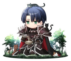  1boy armor black_armor black_cape black_knight_(fire_emblem) blue_hair cape cat chibi commentary english_commentary fire_emblem fire_emblem:_radiant_dawn grass green_eyes male_focus milk on_ground pauldrons pouring red_cape shoulder_armor solo spoilers tellius_forever two-sided_cape two-sided_fabric two-tone_cape zelgius_(fire_emblem) 