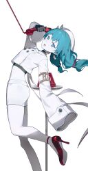  1girl absurdres antique_phone aqua_eyes aqua_hair black_gloves colored_skin commentary_request corded_phone gingi_2 gloves hat hat_ornament hatsune_miku high_heels highres low_twintails miniskirt open_mouth phone red_shoes shoes short_twintails simple_background skirt sleeve_cuffs sleeves_past_wrists solid_circle_pupils twintails vocaloid white_background white_hat white_skin white_skirt wonder_(vocaloid) 