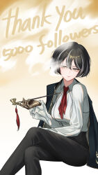  1girl absurdres commentary_request english_text gradient_hair highres korean_commentary limbus_company mature_female milestone_celebration moses_(project_moon) multicolored_hair necktie project_moon prosthesis prosthetic_arm red_necktie smoking smoking_pipe streaked_hair the_distortion_detective white_streaks wide_hips zerobig 