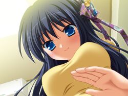   1girl air_conditioner black_hair blue_eyes breasts ceiling closed_mouth clover_point dutch_angle floral_print from_below game_asset hair_ornament hair_ribbon half_updo headpat indoors kashiwagi_tsukine lap_pillow long_hair long_sleeves looking_at_viewer looking_down medium_breasts non-web_source off-shoulder_sweater off_shoulder pov ribbon self-datamine shirt socks sweater yellow_sweater yuyi