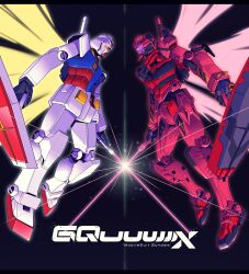  asymmetrical_dual_wielding commentary crossed_swords dual_wielding earth_federation energy_sword english_commentary extra_eyes glowing gundam gundam_gquuuuuux highres holding holding_shield holding_sword holding_weapon js_71535 logo mecha mecha_focus mobile_suit mobile_suit_gundam no_humans red_gundam robot rx-78-2_gundam science_fiction shield space star_(sky) sword thrusters title v-fin violet_eyes weapon yellow_eyes zeon zero_gravity 