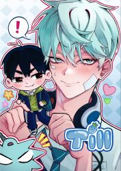  ! 2boys alien_stage aoi.kurazumi aqua_hair black_eyes black_hair black_pants blush character_name closed_mouth collared_shirt commentary fang green_eyes green_hoodie headphones headphones_around_neck heart highres holding holding_mini_person hood hoodie ivan_(alien_stage) jacket_over_hoodie male_focus mini_person miniboy multiple_boys necktie notice_lines pants red_pupils school_uniform shirt shoes short_hair small_sweatdrop spoken_exclamation_mark star_(symbol) thick_eyebrows till_(alien_stage) very_short_hair white_shirt white_shoes 