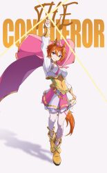  1girl absurdres animal_ears arm_up armor boots breasts cape commentary crown english_commentary fingerless_gloves gloves gold_boots gold_corset grin hair_between_eyes highres horse_ears horse_girl horse_tail index_finger_raised jewelry long_sleeves looking_at_viewer medium_breasts mini_crown open_mouth orange_hair orange_tail pink_cape pink_crown shirt short_hair shoulder_armor single_fingerless_glove skirt smile solo t.m._opera_o_(o_sole_suo!)_(umamusume) t.m._opera_o_(umamusume) tail thigh-highs two-tone_skirt umamusume violet_eyes white_shirt white_thighhighs wohenxiangyaoku 