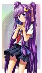  alto-00 bow crescent crescent_moon crossed_fingers hair_bow hair_ornament hands_clasped highres long_hair patchouli_knowledge purple_eyes purple_hair school_uniform solo touhou twintails very_long_hair violet_eyes 