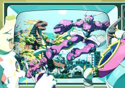  absurdres action_figure amphimon aqua_theme armor battle blolo building digimon digimon_(creature) digimon_ghost_game dinomon diving_suit espimon flying_kick full_armor gammamon helmet highres jellyfish_girl kicking mask pink_armor pink_helmet pyonmon rabbit robot sparkle sun television triceratops 