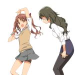  kiyama_harumi microphone pantyhose pantyhose_pull school_uniform shirai_kuroko skirt sleeves_folded_up sweater_vest thigh_strap to_aru_kagaku_no_railgun to_aru_majutsu_no_index 