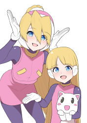  2girls 2y_training_id absurdres alouette_(mega_man) black_bodysuit blonde_hair blue_eyes blush bodysuit ciel_(mega_man) cowboy_shot dress high_ponytail highres long_hair mega_man_(series) mega_man_zero_(series) multiple_girls pink_dress pink_shirt pink_skirt ponytail robot_ears shirt simple_background skirt stuffed_animal stuffed_cat stuffed_toy white_background 
