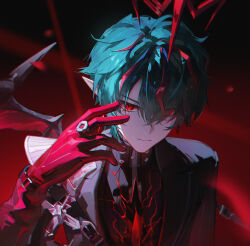  1boy aqua_hair arknights arknights:_endfield armor ash-c bat_wings camille_(arknights) chromatic_aberration closed_mouth commentary film_grain gloves hand_up highres jewelry looking_at_viewer male_focus multicolored_hair pauldrons pointy_ears red_background red_eyes red_gloves red_hair ring shoulder_armor single_pauldron solo streaked_hair upper_body wings 