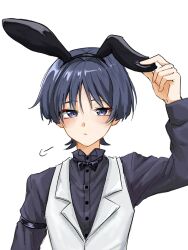  1boy adjusting_clothes adjusting_headwear alternate_costume animal_ear_hairband animal_ears arm_at_side arm_strap black_bow black_bowtie black_hairband black_shirt black_sleeves blunt_ends bow bowtie bunny_day closed_mouth collared_shirt commentary_request contemporary eyeliner fake_animal_ears formal_clothes genshin_impact grey_hair grey_pupils hair_intakes hairband hand_up highres lapels long_sleeves makeup male_focus notched_lapels popped_collar portrait puff_of_air purinigax rabbit_ears red_eyeliner scaramouche_(genshin_impact) shirt solo straight-on traditional_bowtie tsurime v-neck vest violet_eyes white_background white_vest wispy_bangs 