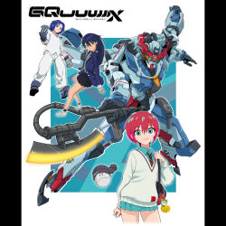  1boy 2girls amate_yuzuriha bag beanie blue_hair character_name commentary derivative_work english_commentary gloves glowing glowing_eyes glowing_hot gquuuuuux green_eyes gundam gundam_gquuuuuux haro hat heat_hawk highres js_71535 lens_flare logo mecha miniskirt mobile_suit multiple_girls non-humanoid_robot nyaan_(gundam_gquuuuuux) red_eyes red_hair robot school_bag school_uniform science_fiction shoulder_bag shuji_ito skirt title v-fin yellow_eyes zeon 