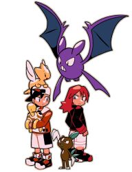  2boys backwards_hat black_boots black_eyes black_hair black_jacket boots claws closed_mouth crobat ethan_(pokemon) hat highres holding holding_pokemon jacket long_hair male_focus multiple_boys pants pants_tucked_in pokemon pokemon_(creature) pokemon_gold/silver/crystal red_hair red_jacket shoes shorts shuckle silver_(pokemon) sneasel standing togetic tyako_089 white_background 