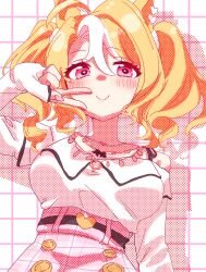  ahoge animal_ears bare_shoulders blonde_hair blush breasts buckle casual closed_mouth fusaichi_pandora_(casual)_(umamusume) fusaichi_pandora_(umamusume) hair_between_eyes hair_ornament heart heart-shaped_buckle highres horse_ears horse_girl jewelry long_hair long_sleeves looking_at_viewer medium_breasts morimoritani_36 multicolored_hair necklace pink_skirt red_eyes shirt skirt smile streaked_hair twintails umamusume v white_shirt white_streaks 