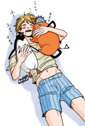  1boy animal bird blue_male_underwear boxers chainsaw_man commentary_request dated denji_(chainsaw_man) grey_shirt holding holding_animal makio1313 male_focus male_underwear navel open_mouth penguin pochita_(chainsaw_man) sharp_teeth shirt signature sleeping smile striped_male_underwear teeth translation_request underwear zzz 