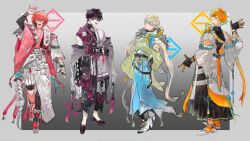  4boys :d absurdres ahoge akagi_wen anklet aqua_ribbon aqua_scarf arm_cutout arm_up asymmetrical_legwear asymmetrical_pants asymmetrical_sleeves bell belt belt_buckle belt_charm black_belt black_gloves black_hair black_hakama black_kimono black_leggings black_pants black_shirt black_shoes black_streaks blonde_hair blue_eyes blue_hakama blue_streaks border bottle bracelet bridal_legwear buckle cape charm_(object) closed_mouth clothing_cutout collarbone colored_tips compression_shirt creature creature_on_shoulder crossed_bangs diamond_cutout dress_shoes earrings elbow_gloves fang fingerless_gloves flats flower_knot full_body fur-trimmed_kimono fur_trim glove_cutout gloves gradient_background gradient_hair green_hair grey_background grey_border grey_haori grey_shoes grey_socks hair_between_eyes hair_ornament hakama hakama_shorts hand_in_pocket hand_on_own_hip haori hibachi_mana high_heels highres honeycomb_(pattern) japanese_clothes jewelry jingle_bell kataginu kimono kirin-chan_(usami_rito) layered_sleeves leggings lightning_bolt_hair_ornament lightning_bolt_symbol lineup long_sleeves looking_at_viewer looking_back male_focus multicolored_eyes multicolored_gloves multicolored_hair multicolored_shoes multiple_belts multiple_boys multiple_bracelets nijisanji o-ring off_shoulder okobo on_shoulder open_clothes open_kimono orange_eyes orange_hair orange_scarf orange_shoes oriens_(nijisanji) outside_border pants patterned_clothing perfume_bottle pink_hair pink_kimono pink_ribbon platform_sandals pom_pom_(clothes) profile purple_kimono red_socks ribbed_socks ribbon safety_pin saiki_ittetsu sandals scarf shirt shirt_under_kimono shoes short_hair short_kimono short_over_long_sleeves short_sleeves shorts sideways_glance simple_background single_glove skeletal_tail sleeveless sleeveless_kimono smile socks split-color_clothes standing streaked_hair striped_hakama sweater_guard tabi tail tassel teeth toeless_legwear turtleneck turtleneck_shirt two-tone_eyes two-tone_gloves two-tone_kimono two-tone_scarf two-tone_shoes unagipai uneven_legwear upper_teeth_only uroko_(pattern) usami_rito violet_eyes virtual_youtuber w waving white_belt white_cape white_gloves white_hakama white_kimono white_sandals white_shoes white_sleeves wide_sleeves yellow_eyes yellow_kimono 