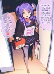 1girl absurdres artist_logo bag black_shirt black_shoes blue_eyes box braid commentary commission cosplay dated door doorway english_commentary english_text fang full_body grey_pants head_wings heart heterochromia highres holding holding_bag holding_box logo long_hair long_sleeves luxar92 nijisanji nijisanji_en open_mouth pants purple_hair second-party_source selen_tatsuki selen_tatsuki_(cosplay) shadow shirt shoes smile solo speech_bubble spoken_heart twin_braids twintails violet_eyes virtual_youtuber walking wings 
