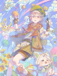  1girl absurdres ahoge animal animal_ear_headwear animal_ears ankle_socks ball bat_(animal) bear_ears belt belt_buckle beret blue_sky bow bowtie brooch brown_belt brown_eyes brown_gloves brown_hair brown_scarf brown_shorts buckle bug cat chinese_commentary cloak clothed_animal cloudbreak_stitches_(infinity_nikki) clouds commentary_request copyright_notice cross-laced_clothes cross-laced_sleeves daisy_(flower) day dragonfly ear_covers entangled eyelashes fake_animal_ears fingerless_gloves flower flower_brooch frilled_cloak fringe_trim frown gloves green_bow green_bowtie green_eyes green_hat green_jacket green_ribbon green_socks hair_between_eyes half-closed_eyes happy hat highres holding holding_ball holding_scissors hood hood_up hooded_cloak infinity_nikki jacket jewelry knees light_blush linghaotaidixiong lips long_sleeves momo_(daisy)_(infinity_nikki) momo_(nikki) nikki_(series) open_clothes open_jacket open_mouth outdoors pawpads pocket puffy_long_sleeves puffy_sleeves ribbon scarf scissors sewing_pin shirt short_hair shorts sky sleeveless sleeveless_jacket smile socks striped_bow striped_bowtie striped_clothes tape_measure tassel teeth upper_teeth_only white_cat white_cloak white_flower white_shirt x_navel yarn yarn_ball yellow_flower 