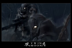  2boys 3others armor armored_collar artist_name bipod black_border border character_name combat_helmet concept_art english_text faux_traditional_media gas_mask glowing glowing_eyes gun helmet highres holding holding_gun holding_weapon mask military military_uniform multiple_boys multiple_others night nuclear_dawn pauldrons power_armor science_fiction scope shoulder_armor soldier submachine_gun suppressor tree ukitakumuki weapon 