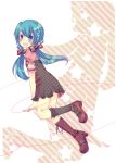  aqua_eyes aqua_hair armband asymmetrical_clothes bad_id boots bow hair_bow hatsune_miku highres long_hair maimu_(polka) mismatched_footwear polka_dot polka_dot_legwear shoes short_dress smile socks solo twintails vocaloid 