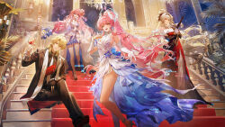  1boy 3girls absurdres aemeath_(wuthering_waves) ahoge artist_collaboration black_jacket blonde_hair breasts cavehuuu chinese_commentary closed_mouth commentary_request cup denia_(wuthering_waves) dress drinking_glass elbow_gloves gloves hair_ornament highres hiyuki_(wuthering_waves) holding holding_cup indoors jacket long_dress long_hair looking_at_viewer luuk_herssen_(wuthering_waves) medium_breasts multiple_girls official_alternate_costume official_art open_mouth orange_eyes pink_hair ponytail qianyuu_(senba) red_dress red_eyes smile textless_version white_dress white_gloves wusebuse_(69392708) wuthering_waves zhihuigugudegezi 