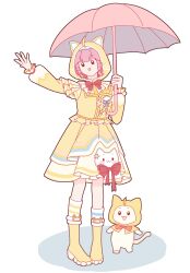  1girl ahoge animal animal_ear_hood animal_ears animal_print ankle_socks asymmetrical_legwear blunt_bangs boots bow bowtie brooch brown_eyes cat cat_ears cat_print chinese_commentary cloak clothed_animal clouds commentary_request dress ear_covers fake_ahoge frilled_sleeves frills full_body hair_ornament highres holding holding_umbrella hood hood_up hooded_cloak hooded_dress infinity_nikki jewelry kneehighs long_sleeves medium_dress mismatched_legwear mismatched_socks momo_(nikki) momo_rain_(infinity_nikki) nikki_(nikki) nikki_(series) open_mouth outstretched_arm pink_umbrella pleated_dress print_dress puffy_long_sleeves puffy_sleeves red_bow red_bowtie rubber_boots shadow shanfengzhu simple_background single_kneehigh single_sock smile socks solid_oval_eyes standing star_(symbol) star_hair_ornament striped_clothes striped_socks traditional_bowtie umbrella white_background white_cat white_socks yellow_boots yellow_cloak yellow_dress 