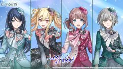  4girls :d aqua_gem aqua_gloves aqua_hat aqua_jacket aqua_skirt artist_name asymmetrical_sidelocks black_hat black_jacket black_skirt blonde_hair blue_background blue_eyes blue_gem blue_hair blunt_bangs bob_cut bow bowtie breasts brown_hair buttons clenched_hand closed_mouth column_lineup commentary_request company_name copyright_notice cropped_jacket cross-laced_jacket double-parted_bangs english_text frilled_hat frills gem gloves gradient_hair green_eyes green_gem green_hat green_jacket green_skirt grey_bow grey_bowtie grey_eyes grey_gloves grey_hair grey_skirt grey_trim group_name guest_art hair_between_eyes hair_flaps half_gloves hand_up happy hat hinomori_shiho hoshino_ichika_(project_sekai) index_finger_raised jacket koujisako large_breasts lens_flare leo/need_(project_sekai) lineup long_hair long_sidelocks long_sleeves looking_at_viewer low_side_ponytail medium_breasts mini_hat mochizuki_honami multicolored_hair multicolored_jacket multiple_girls official_alternate_costume official_art open_mouth orange_gem pearl pink_bow pink_bowtie pink_eyes pink_hair pink_hat pink_jacket pink_shirt pink_skirt pink_trim pointing pointing_at_viewer ponytail project_sekai purple_gem red_gem red_skirt red_trim second-party_source shirt short_hair side_ponytail sidelocks single_sidelock skirt small_breasts smile swept_bangs tareme teeth tenma_saki tongue tsurime twintails two-tone_jacket two-tone_skirt upper_body upper_teeth_only wavy_hair white_bow white_bowtie white_gloves white_jacket white_shirt white_trim 