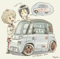  2girls afro black_hair black_shoes bob_cut brown_eyes brown_hair car citroen citroen_ami_(classic) citroen_ami_(modern) commentary_request grey_background grey_car half-closed_eyes hand_on_own_chin highres jacket looking_at_another motor_vehicle multiple_girls open_mouth pink_car pleated_skirt red_sailor_collar red_shorts red_skirt sailor_collar school_uniform sekihan shoes short_hair shorts shorts_under_skirt signature simple_background skirt smile speech_bubble spoken_object tama_(zesshaka) thought_bubble translated tsubaki_(zesshaka) v-shaped_eyebrows vehicle_name white_jacket zesshaka!_shiritsu_yotsuwa_joshi_gakuin_zetsumetsu_kigu-sha_gakka 