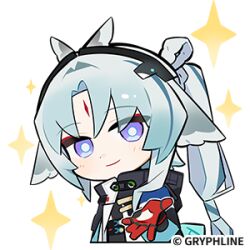  1girl animal_ears arcane_(arknights) arknights arknights:_endfield beckoning bird_ears bird_girl blue_eyes chibi chibi_only closed_mouth facial_mark forehead_mark gradient_hair grey_hair head_wings looking_at_viewer lowres multicolored_hair official_art ponytail smile star_(symbol) two-tone_cape wings 
