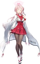  1girl ^_^ arm_at_side bilingual_text black_pantyhose blue_archive blush braid braided_base breasts bun_with_braided_base cloak closed_eyes clothes_writing clothing_cutout colt_1903 double-parted_bangs facing_viewer flower_knot full_body game_asset gun hair_bun hair_ornament hakama hakama_skirt halo hand_up happy highres hip_vent holding holding_gun holding_weapon japanese_clothes large_variant_set layered_legwear legs legs_together long_hair long_sleeves medium_breasts mimori_(blue_archive) mixed-language_text nontraditional_miko official_art open_mouth pantyhose pink_hair pink_halo red_hakama red_sailor_collar sailor_collar school_uniform serafuku shirt shirt_tucked_in sidelocks simple_background single_hair_bun skirt smile socks solo standing tabi tachi-e third-party_source transparent_background trigger_discipline variant_set weapon white_cloak white_shirt white_socks 