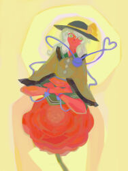  1girl barefoot black_hat closed_mouth collared_shirt colored_skin commentary_request disembodied_linked_eye flower full_body green_eyes green_hair green_skirt hat hat_ribbon heart heart_of_string indian_style koishi_day komeiji_koishi long_hair long_sleeves looking_ahead looking_at_viewer meditation no_lineart oversized_flower own_hands_together red_flower red_rose red_skin ribbon rose sanpaku shirt sitting skirt smile solo tikama touhou wide-eyed wide_sleeves yellow_ribbon yellow_shirt 