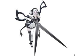  1girl bare_shoulders black_bow black_dress black_hair black_shoes body_markings bow commentary dress english_commentary fright_night_(league) full_body grey_thighhighs gwen_(league) hair_bow hands_up highres holding holding_scissors league_of_legends lones_(lonesart) long_hair long_sleeves oversized_object scissors shoes simple_background smile solo striped_clothes striped_thighhighs thigh-highs white_background white_hair white_thighhighs 