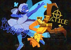  2boys ballerina black_background black_eyes blonde_hair blue_(deltarune) blue_hair blue_skin blue_wings boots brown_boots bug butterfly butterfly_wings colored_skin commentary_request cowboy cowboy_hat deltarune gun hat highres holding holding_gun holding_weapon insect_wings looking_at_another multiple_boys one_eye_closed utdr_(toby_fox) watawata22 weapon wings yellow_(deltarune) yellow_skin 