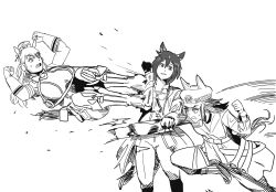  3girls animal_ears blunt_bangs coat commentary dropkick dukakiss english_commentary fenomeno_(black_flames_of_the_righteous_spirit)_(umamusume) fenomeno_(umamusume) fighting flying_kick gloves gold_ship_(red_strife)_(umamusume) gold_ship_(umamusume) grabbing_another's_arm greyscale hat highres horse_ears horse_girl horse_tail kicking long_hair military_hat monochrome motion_lines multiple_girls parrying punching short_hair smile standing stay_gold_(sunlit_outsider)_(umamusume) stay_gold_(umamusume) surprised sweatdrop tail umamusume umamusume_horse_relations wide-eyed 