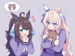  2girls ahoge animal_ears bear blonde_hair blue_eyes blush breasts brown_hair closed_mouth collarbone daring_tact_(umamusume) dotoro474 hair_between_eyes hair_ornament highres horse_girl hug long_hair looking_at_viewer multiple_girls open_mouth saliva scared school_uniform simple_background tears tracen_school_uniform umamusume victoire_pisa_(umamusume) 