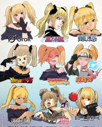  2girls a2t_will_draw amane_misa ani_(xai) apple araki_hirohiko_(style) bare_shoulders black_gloves bleach blonde_hair blue_eyes choker copyright_name covering_own_mouth death_note death_note_(object) dragon_ball dragon_ball_z english_commentary food forehead_protector fruit gloves gradient_background grok_(xai) hair_ornament hair_scrunchie hair_tie head_rest highres holding jewelry jojo_no_kimyou_na_bouken kishimoto_masashi_(style) kubo_tite_(style) lace lace-trimmed_choker lace_choker lace_collar lace_trim logo looking_at_viewer looking_to_the_side multiple_girls multiple_views naruto_(series) necklace obata_takeshi_(style) oda_eiichirou_(style) off-shoulder_shirt off_shoulder one_eye_closed one_piece open_mouth parody red_eyes scrunchie shirt single_glove skull_necklace smile sparkle studio_ghibli studio_ghibli_(style) style_parody toriyama_akira_(style) twintails twitter_bird twitter_username twitter_x_logo xai_(company) 