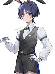  1boy alternate_costume animal_ear_hairband animal_ears arm_at_side arm_belt belt belt_buckle black_hair black_hairband black_shorts black_vest blue_vest blunt_ends blush breast_pocket bright_pupils buckle bunny_day butler closed_mouth collared_shirt colored_inner_hair commentary_request contemporary cowboy_shot cup dress_shirt eyeliner fake_animal_ears formal_clothes genshin_impact gloves grey_belt hairband hand_on_own_hip hand_up highres holding holding_tray long_sleeves looking_at_viewer makeup male_focus multicolored_hair pocket purple_hair rabbit_ears red_eyeliner scaramouche_(genshin_impact) shirt shorts snow20200 solo teacup tray tuxedo twitter_username two-sided_vest undershirt vest violet_eyes white_background white_gloves white_pupils white_shirt white_sleeves wing_collar wispy_bangs 