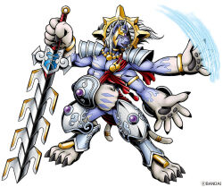  1boy armor clenched_hands commentary_request digimon digimon_(creature) digimon_beatbreak full_body furry furry_male grey_hair habakirimon headgear holding holding_sword holding_weapon official_art sharp_teeth simple_background sword teeth weapon white_background 