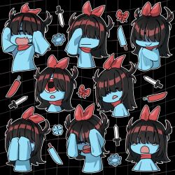  1girl :d :| aqua_(deltarune) aqua_dress aqua_flower aqua_skin black_background black_hair blunt_bangs bow closed_mouth colored_skin covered_eyes covering_face cropped_torso crying crying_with_eyes_open cyclops d: deltarune dendenmushi1064 dress fang flower grid_background hair_bow hand_on_own_head hand_up happy head_tilt highres kitchen_knife knife long_hair one-eyed own_hands_together parody red_bow red_eyes red_scarf salute scared scarf short_side_ponytail short_twintails side_ponytail sleeves_past_fingers sleeves_past_wrists smile solo style_parody surprised tears twintails unamused utdr_(toby_fox) yotsubato! 