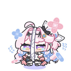  1girl ahoge bandages bandaid black_bow bow chibi chibi_only commentary_request crying crying_with_eyes_open denia_(wuthering_waves) dress flying_sweatdrops hair_bow hair_intakes highres long_hair multicolored_hair pink_hair sad solo standing syurikenmaru tearing_up tears two-tone_hair violet_eyes white_background white_dress wuthering_waves 