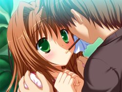  1boy 1girl brown_hair brown_sweater clenched_hand clover_point face-to-face faceless faceless_male food game_asset grass green_eyes hair_intakes hair_ribbon hands_on_another's_shoulders hands_on_own_chest hands_up inamori_mahoshi long_hair looking_at_another non-web_source palms_together pink_shirt pocky pocky_kiss ribbon self-datamine shirt short_hair sweater white_ribbon yuyi 